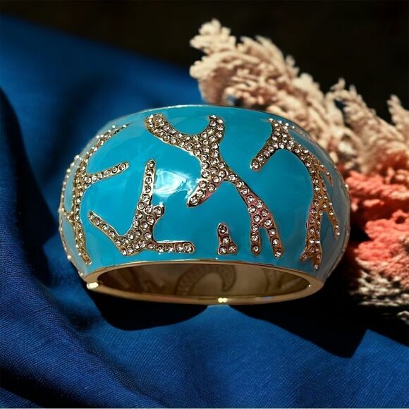 Sequin Blue Coral Rhinestone Wide Hinged Clamper Bangle NWT - Picture 3 of 7